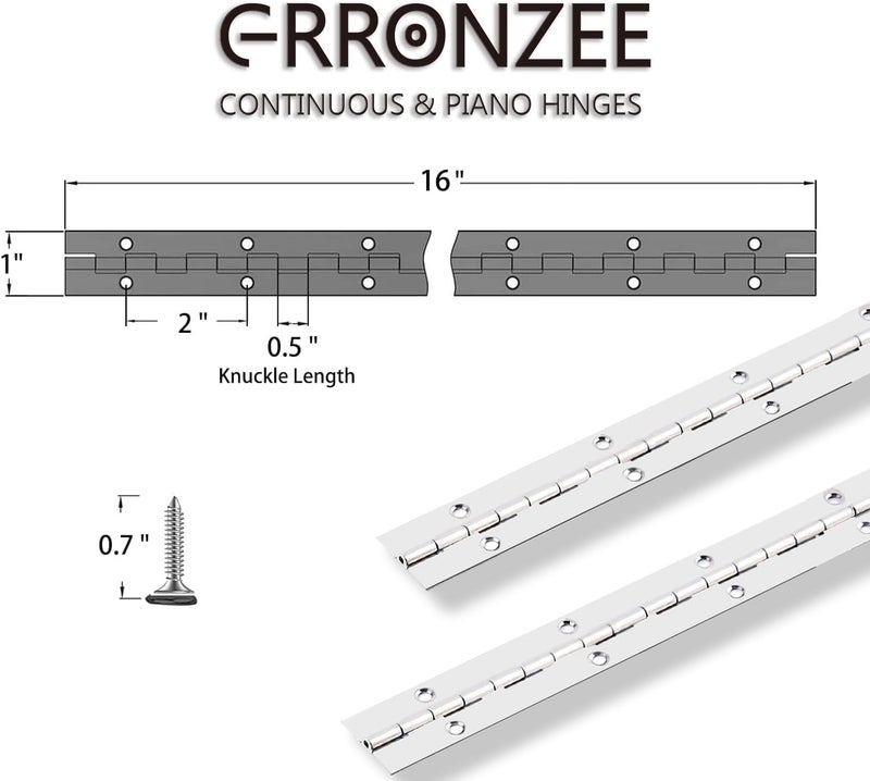GRRONZEE 2PCS Piano Hinge 16" x 1" Stainless Steel Continuous & Piano Hinge Heavy Duty Piano Hinges, 0.04" Leaf Thickness, 0.5" Knuckle Length, Screw Included - Image 3